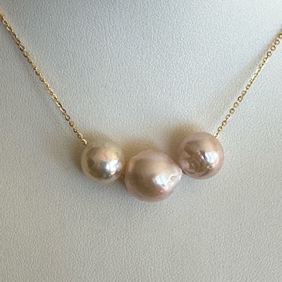 3 Cultured Pearls Floating on 14K Yellow Gold over 925 Silver Chain-Adjustable - Picture 3 of 11